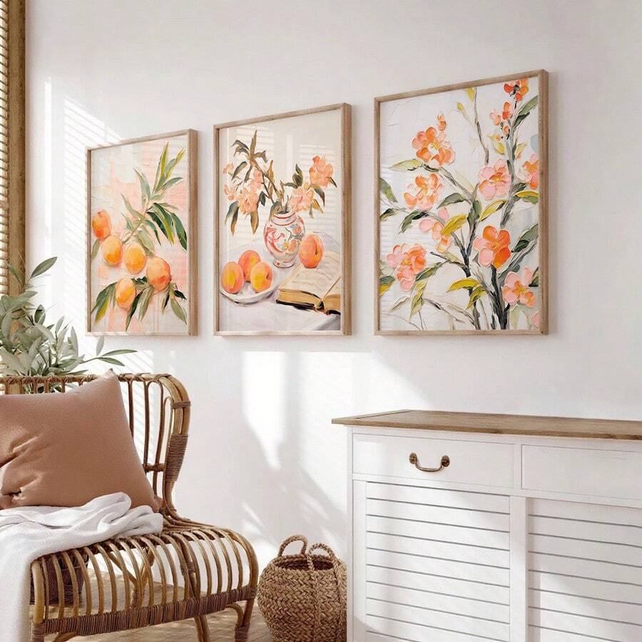 Angled view of peach blossom wall decor for a cottage-inspired interior