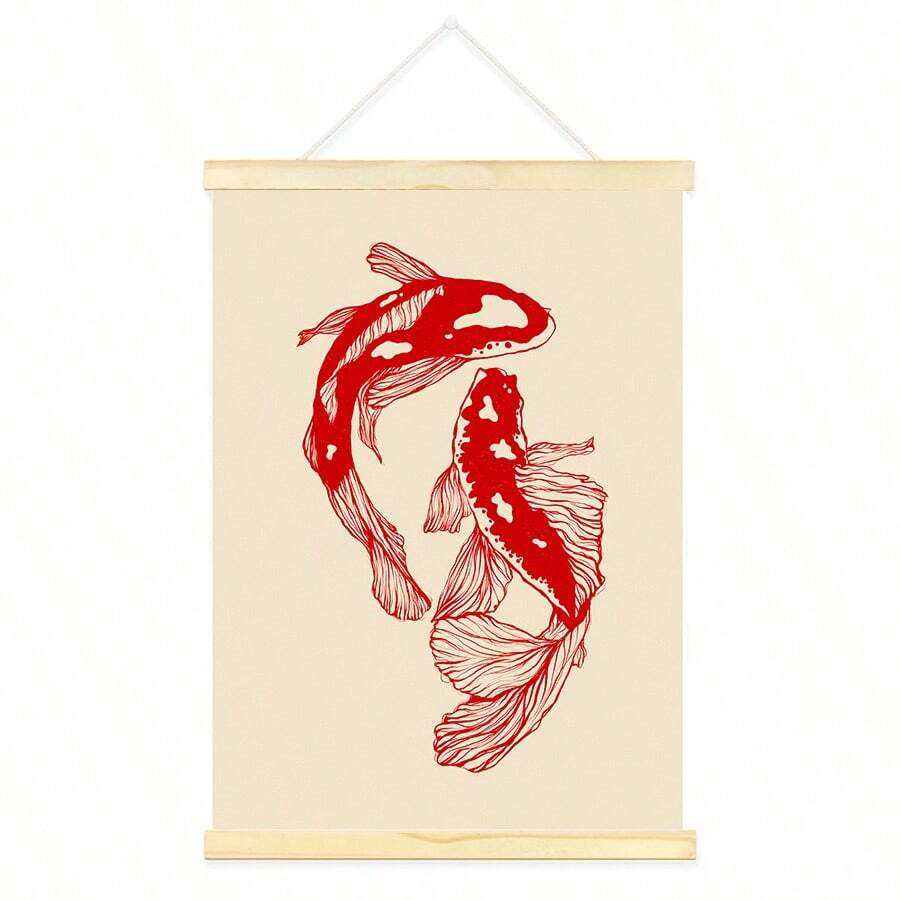 Red koi fish line art print leaning in black frame
