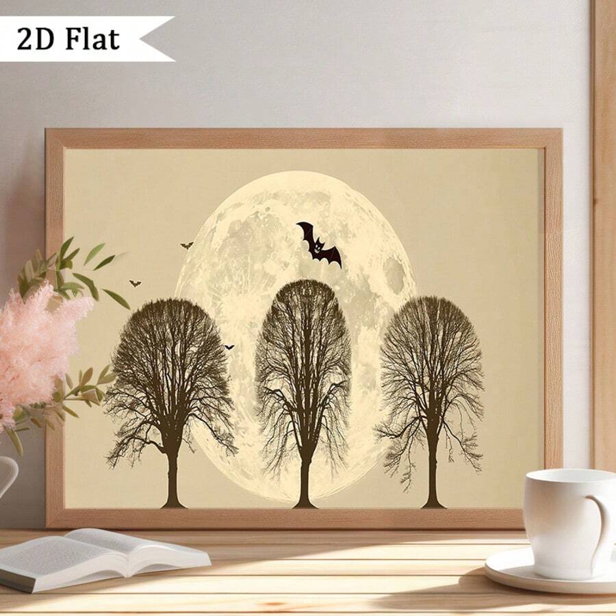 Colorful folk art bats hanging among leaves in a framed canvas poster