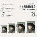 Unframed canvas size guide showing four dimensions for the vinyl record poster