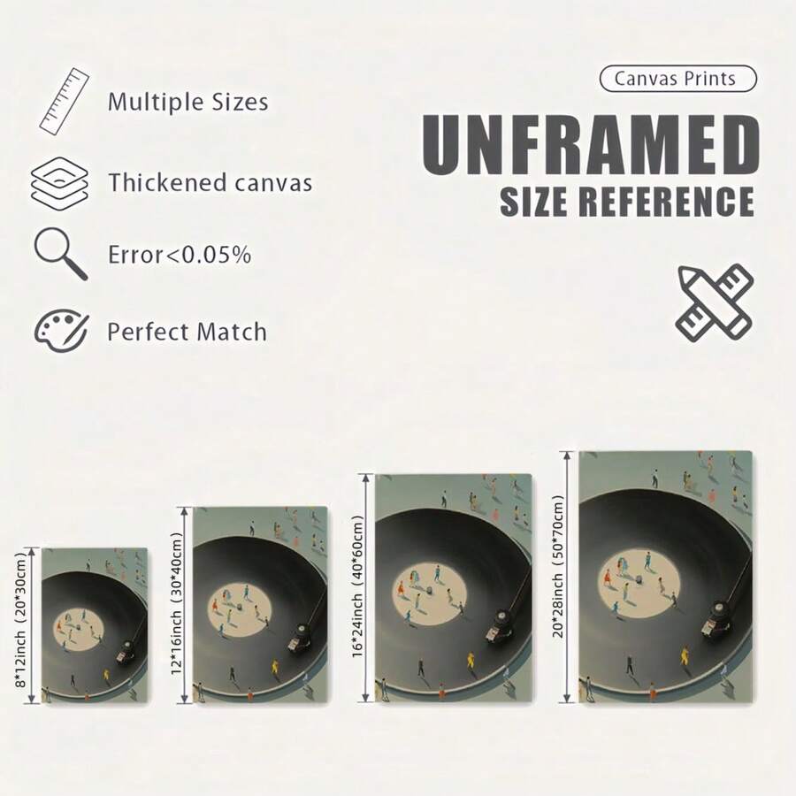 Unframed canvas size guide showing four dimensions for the vinyl record poster