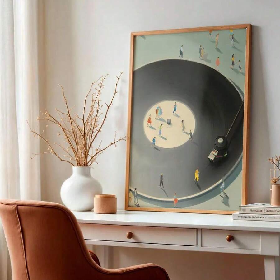 Framed dancing figures record artwork styled beside a terracotta chair