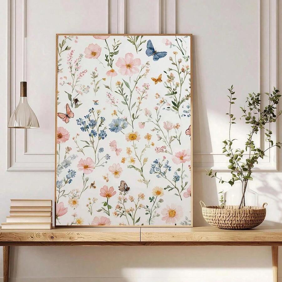 Butterfly botanical canvas art with daisies, bees, and soft cottage garden colors