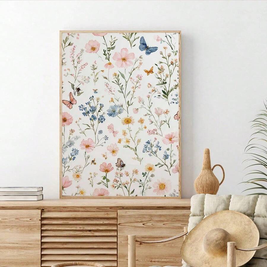 Rustic watercolor wildflower print displayed against a warm neutral wall