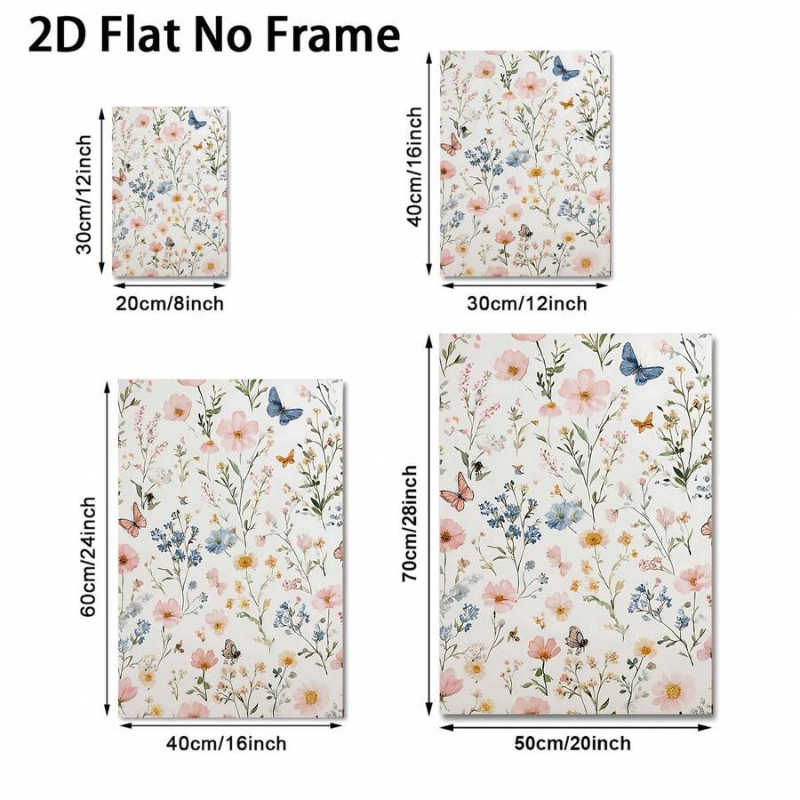 Pastel pink and blue floral wall art with butterflies and delicate green stems