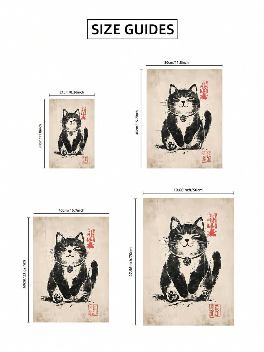 Japanese Woodblock Maneki Neko Lucky Cat Canvas Poster