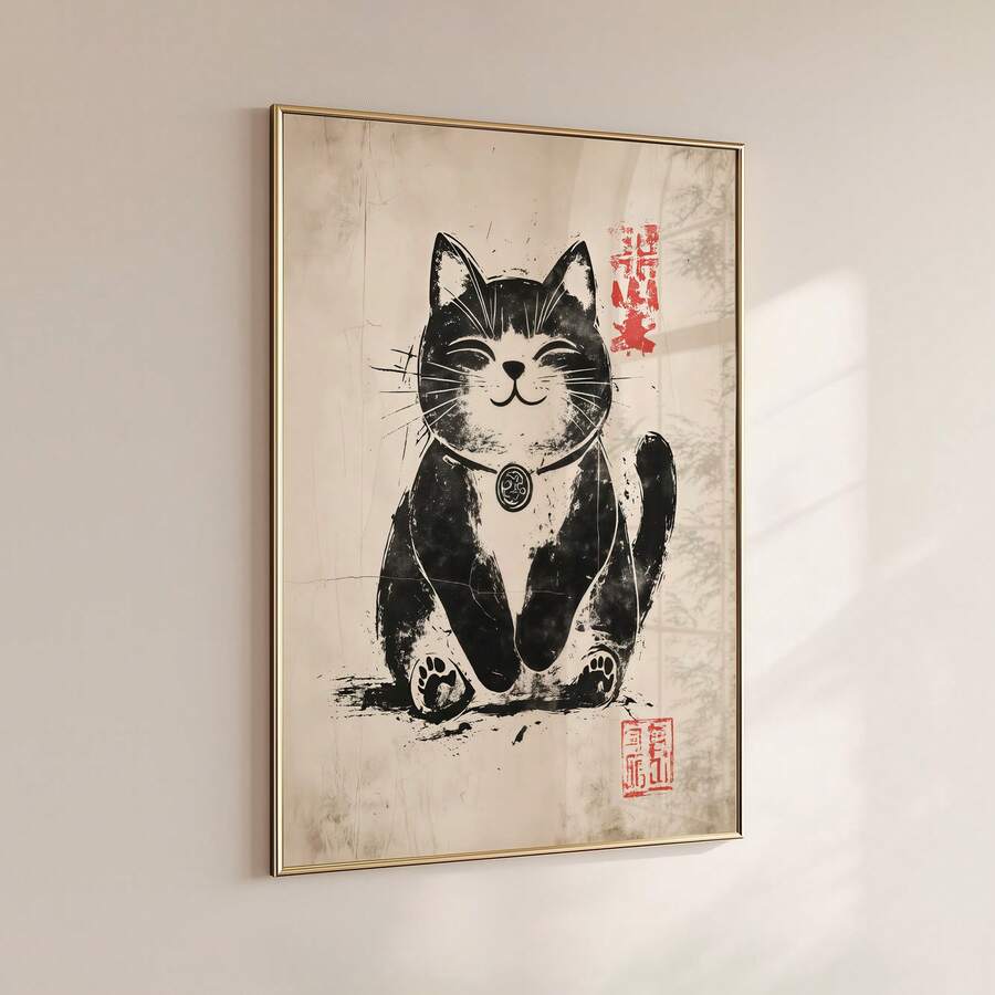 Japanese Woodblock Maneki Neko Lucky Cat Canvas Poster
