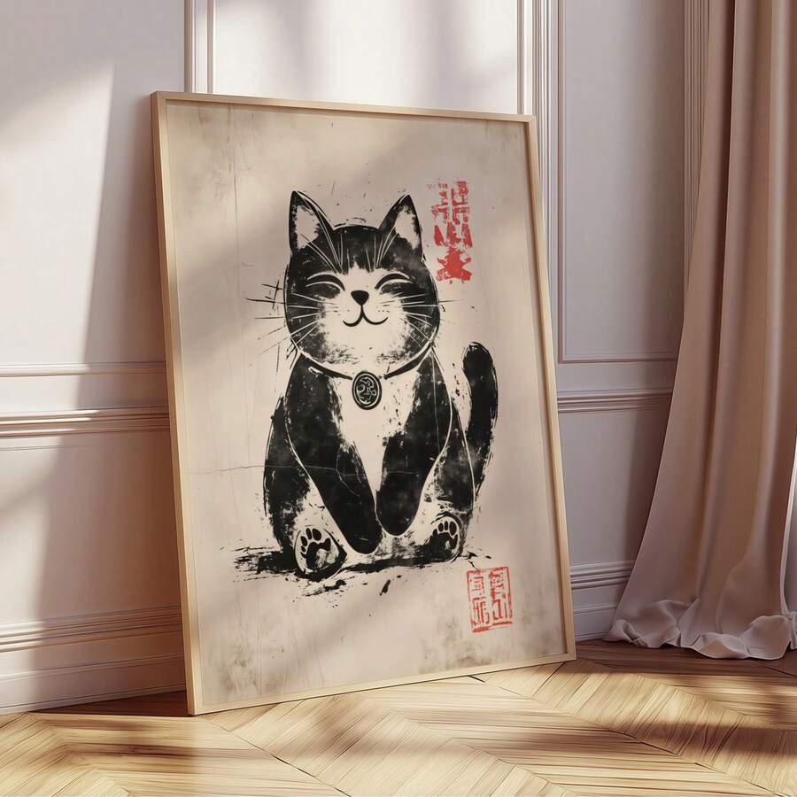 Japanese Woodblock Maneki Neko Lucky Cat Canvas Posterv