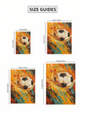 Four-size guide for the orange and teal soccer canvas poster