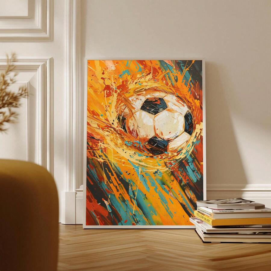 Colorful football canvas displayed beside books in a softly lit cream room