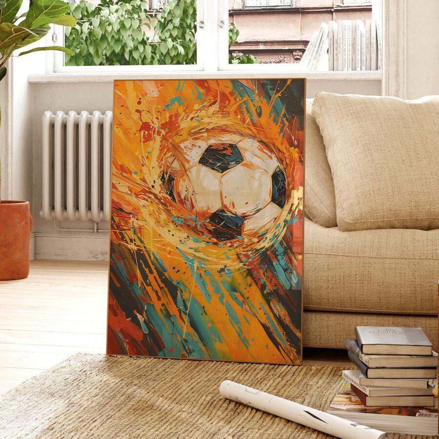 Soccer ball poster leaning beside a cream sofa, woven rug, and stacked books