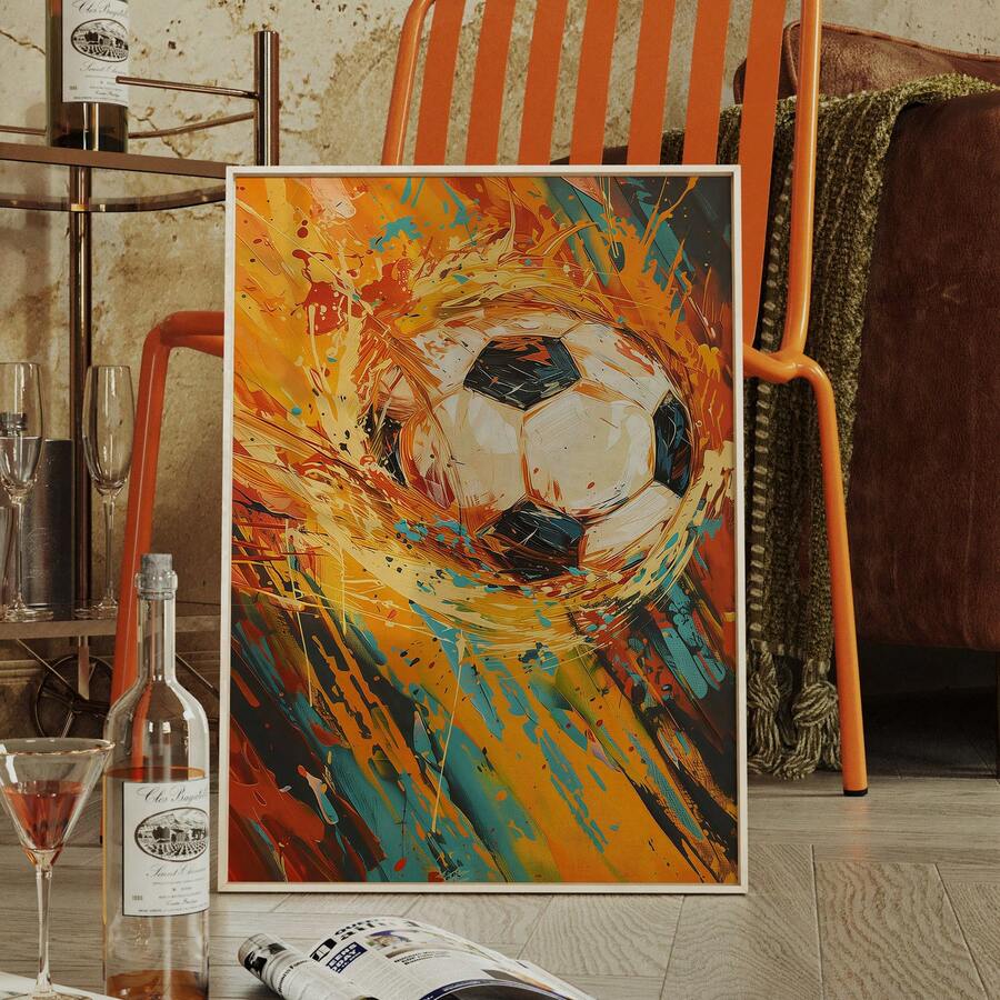Framed soccer artwork styled beside a bar cart and warm-toned seating