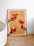 Close view of peach guest-check print with citrus-garnished cocktails