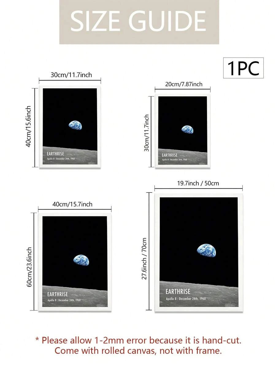Earthrise lunar poster size guide with four portrait canvas dimensions