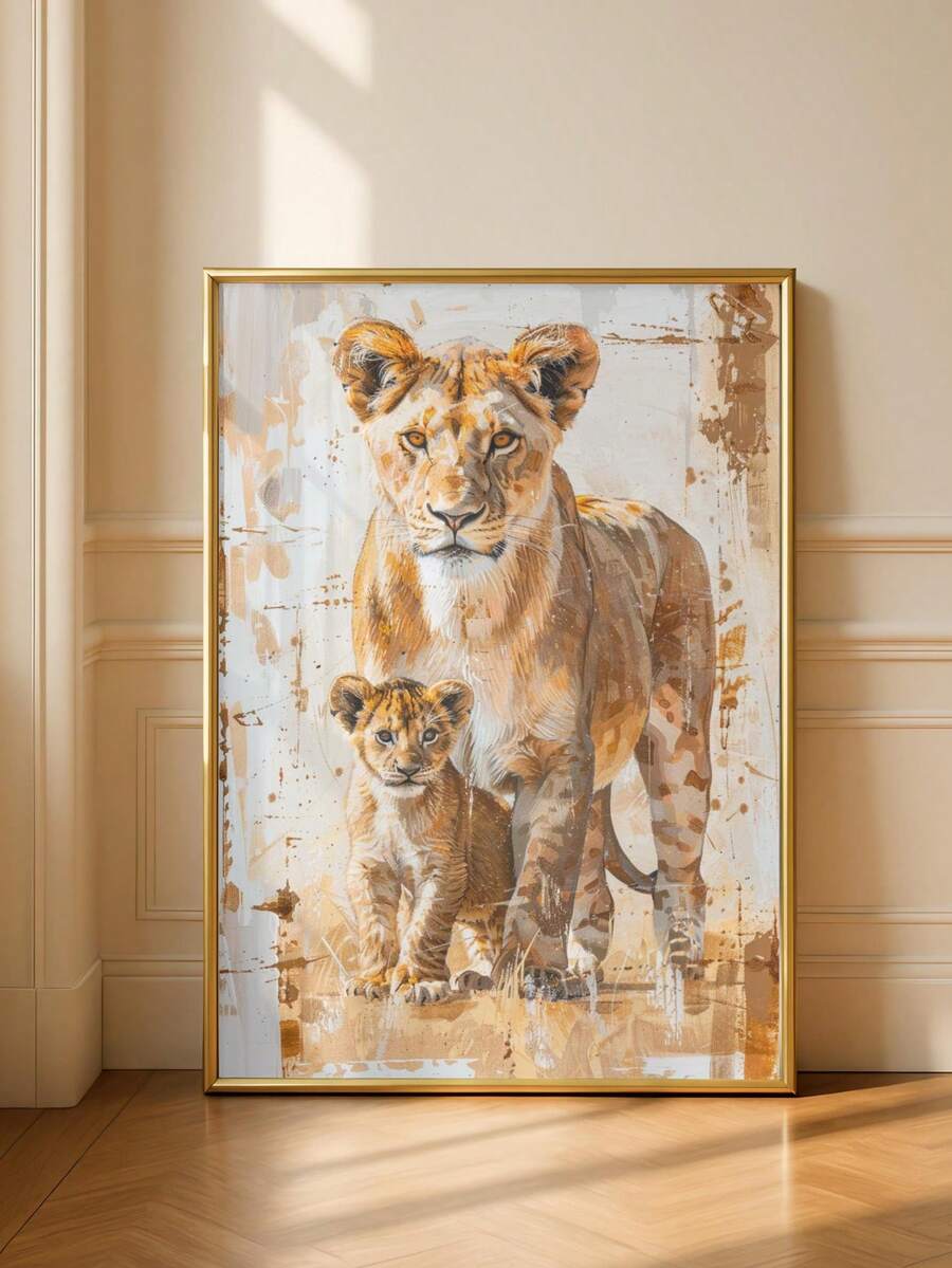 Watercolor Lioness & Cubs Jungle Nursery Wildlife Canvas Poster 