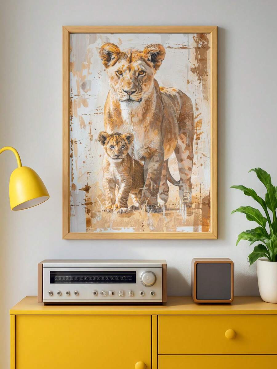 Watercolor Lioness & Cubs Jungle Nursery Wildlife Canvas Poster 