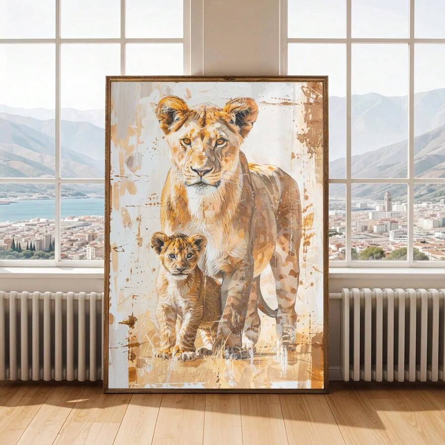 Watercolor Lioness & Cubs Jungle Nursery Wildlife Canvas Poster 
