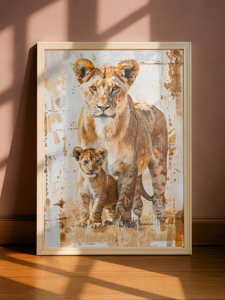 Watercolor Lioness & Cubs Jungle Nursery Wildlife Canvas Poster 