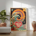 Large rainbow wave canvas art displayed in a bright living room