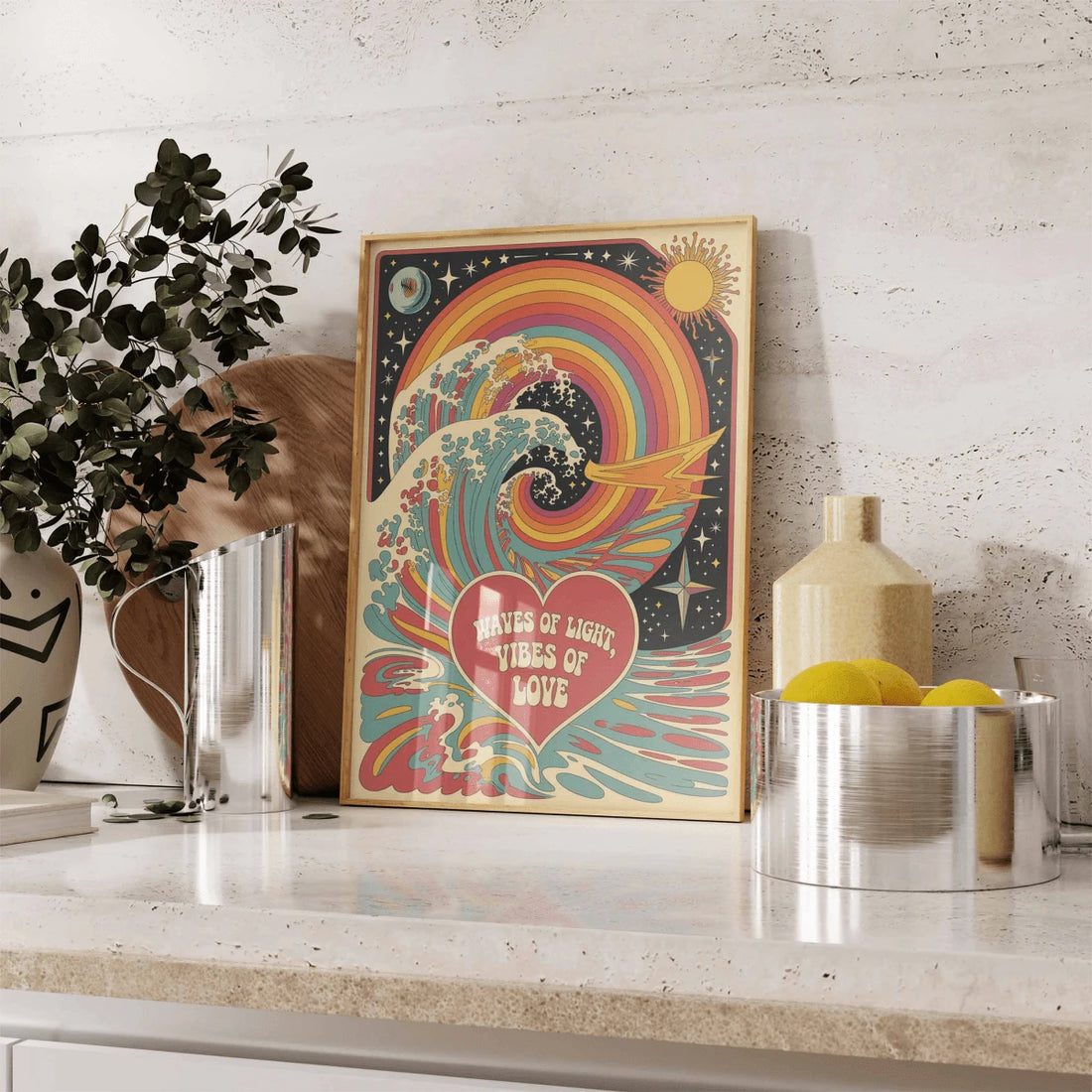 Retro rainbow wave canvas poster with heart message on a wooden shelf