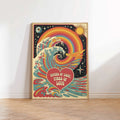 Framed retro heart canvas poster with sun moon stars and colorful waves