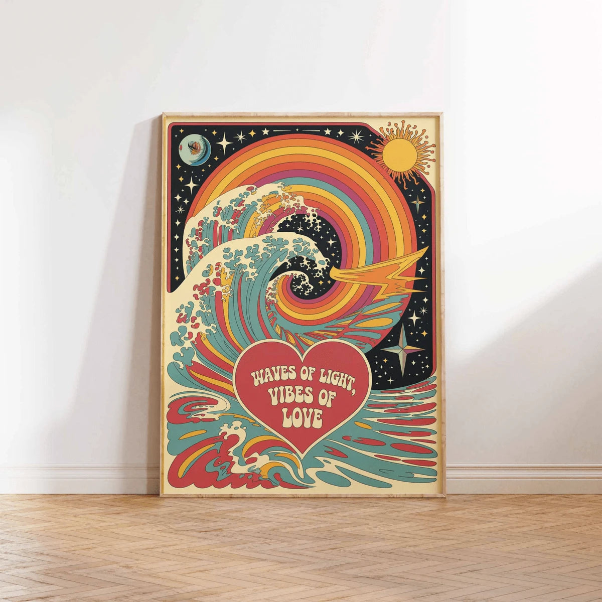Framed retro heart canvas poster with sun moon stars and colorful waves