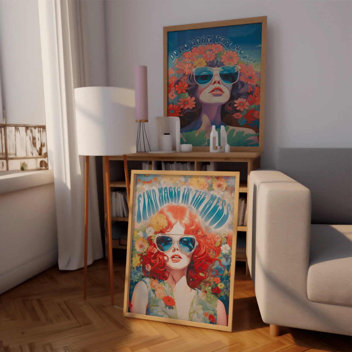 Colorful 70s flower woman poster in a wood frame near a sofa