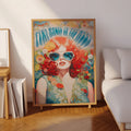 Retro red-haired woman canvas art with flowers in a warm room