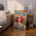 70s flower woman wall art displayed in a sunlit living room