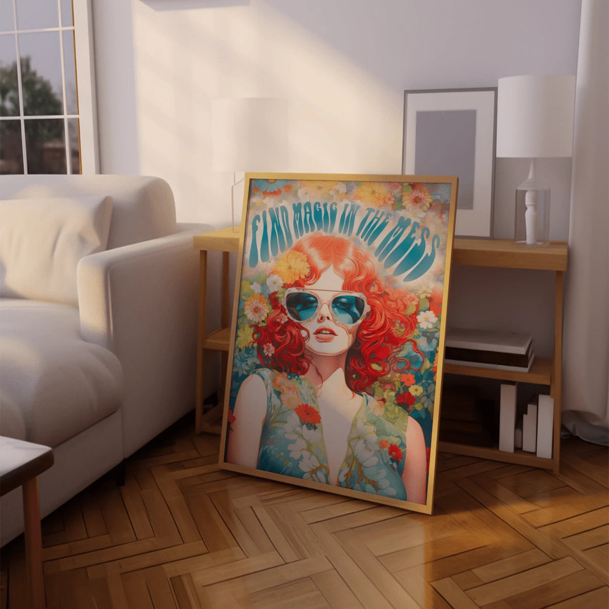 70s flower woman wall art displayed in a sunlit living room