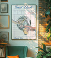 Framed vintage guest check poster in a sunlit room with brick wall