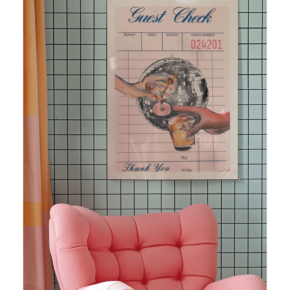Disco ball and drinks wall poster above a pink chair and tiled wall