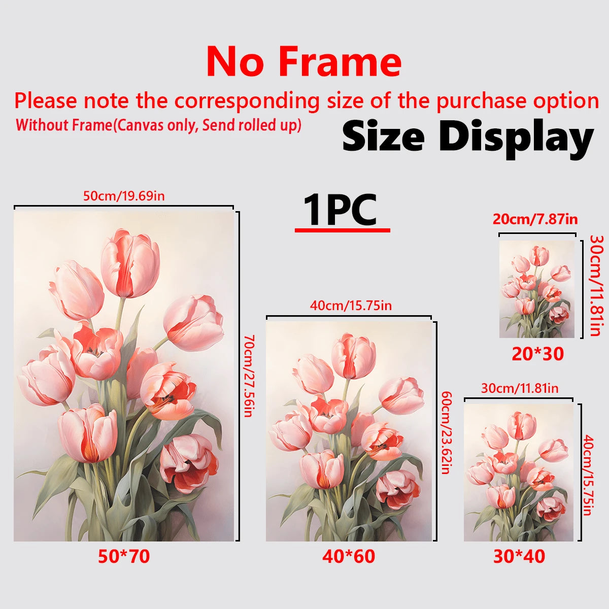 Size guide for pink tulip canvas poster with canvas dimensions