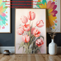 Pink tulip floral canvas poster styled in a framed gallery display
