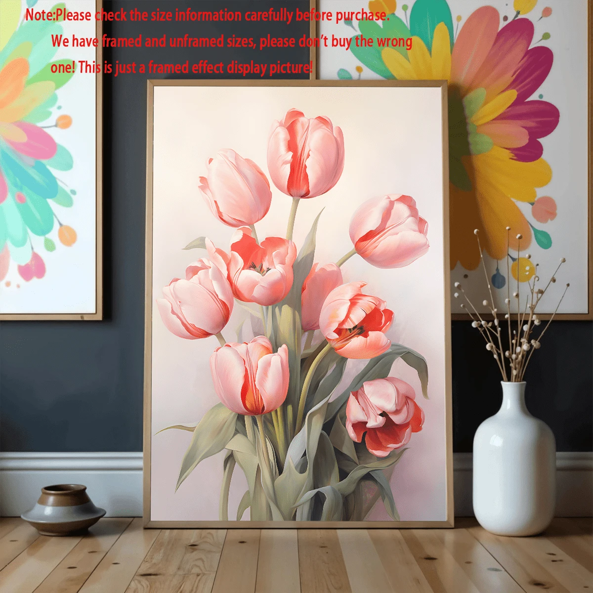 Pink tulip floral canvas poster styled in a framed gallery display