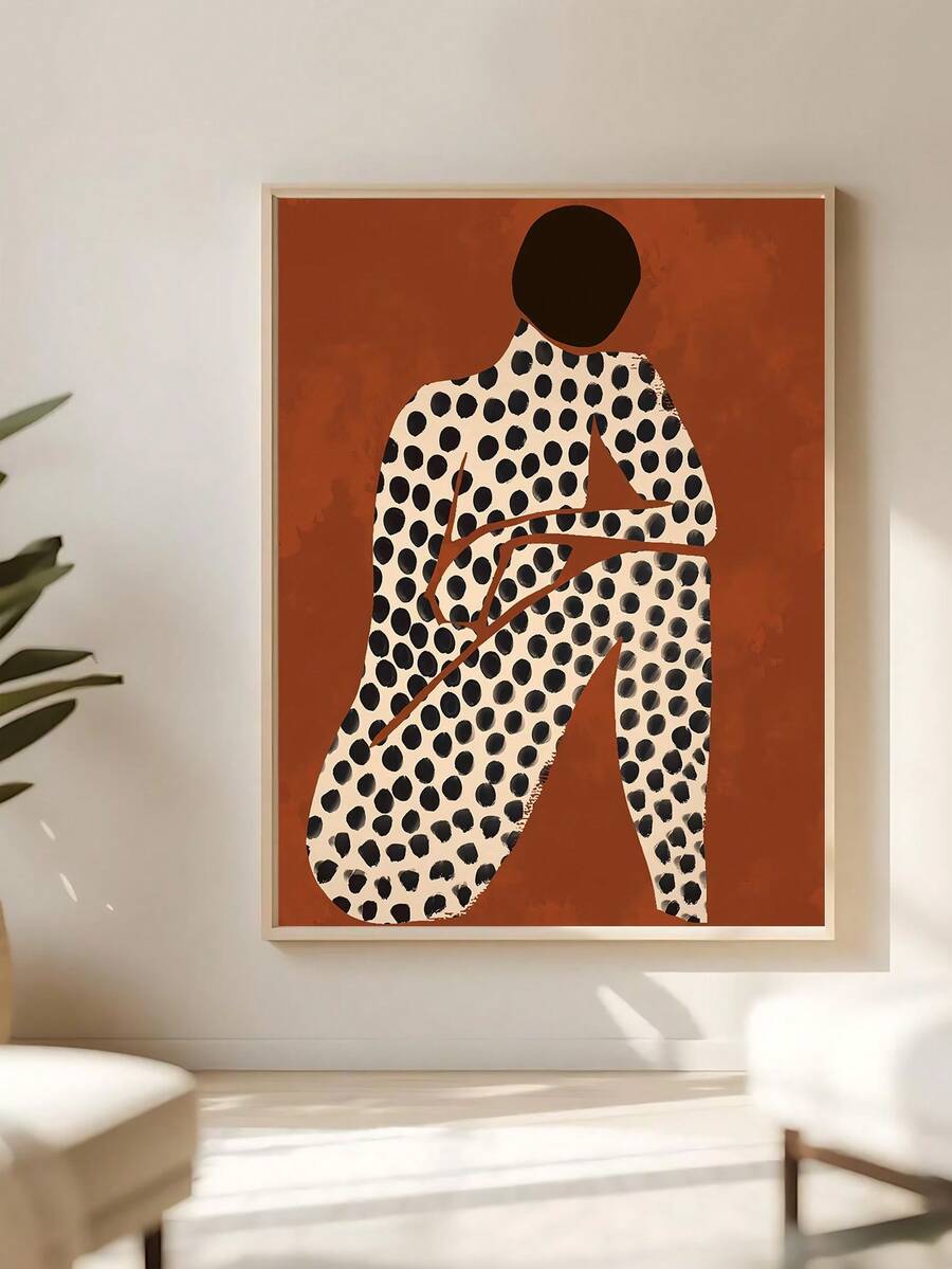 Modern figurative print with faceless figure and polka dot body