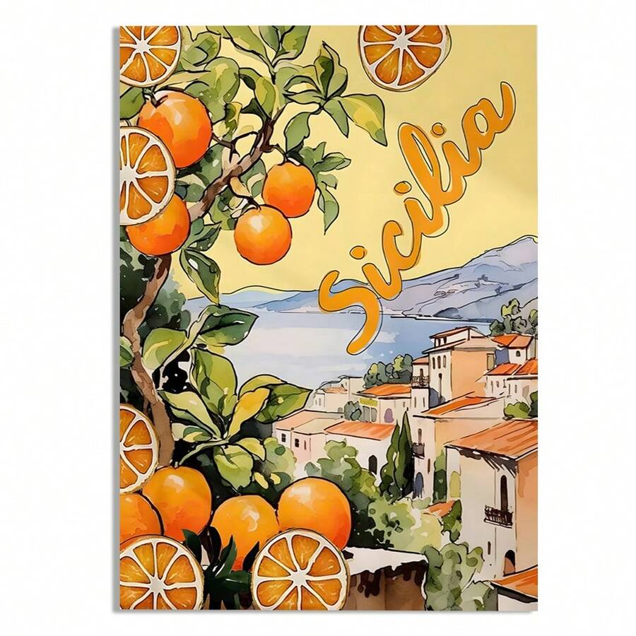 Sicilia orange tree wall art shown as an unframed vertical canvas
