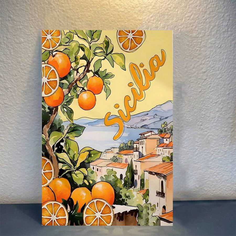 Mediterranean citrus village canvas poster displayed against a textured wall