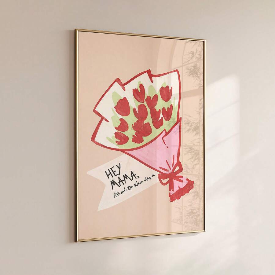 Mom quote print shown with blush pink wrap and slim gold frame