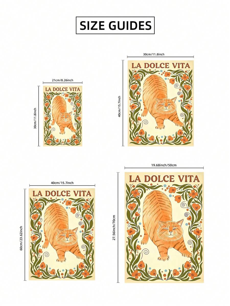 Size guide for orange tabby floral canvas poster with available dimensions