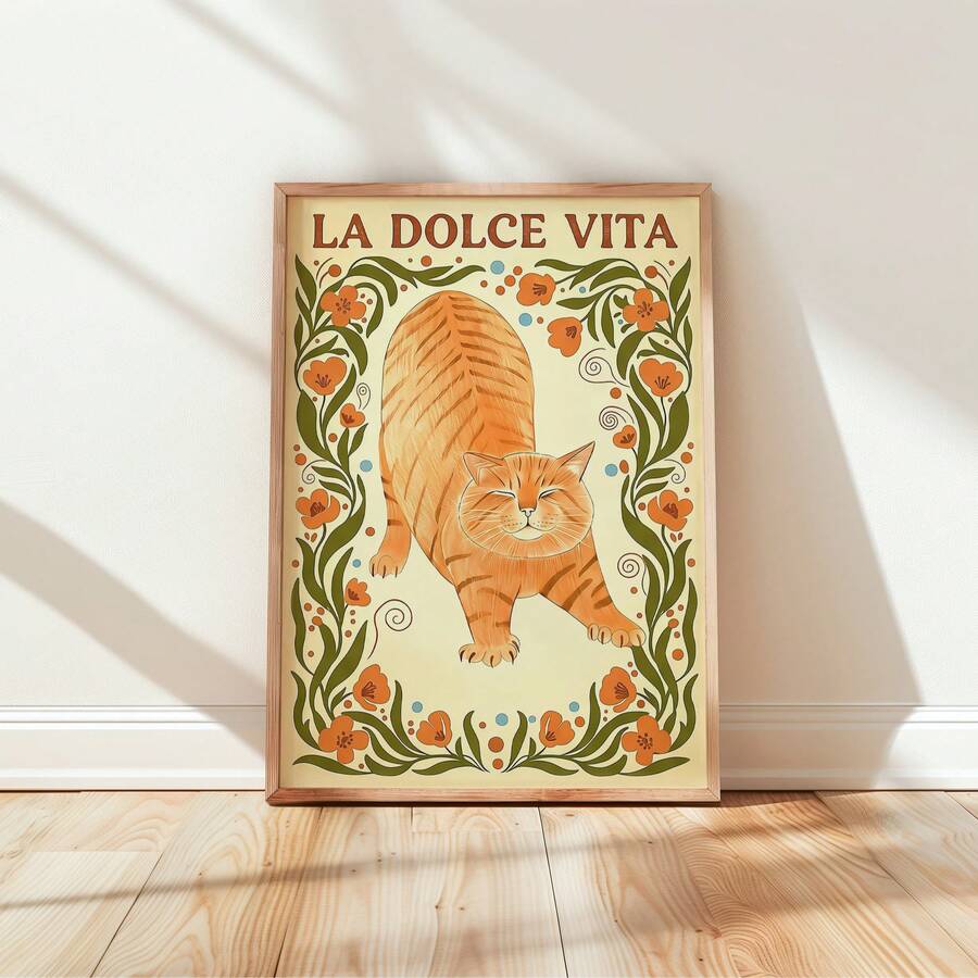 Vintage orange tabby botanical canvas print in a sunlit wood-floor room