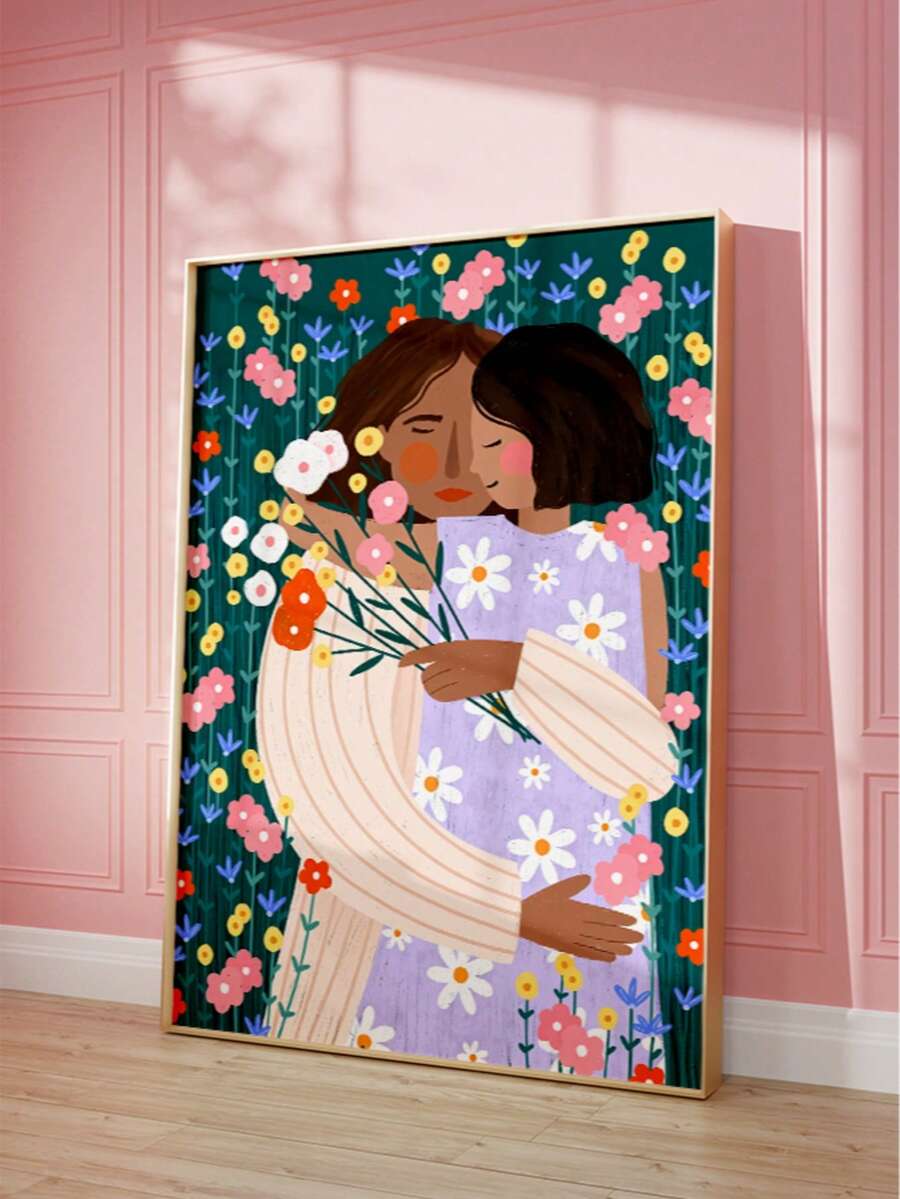 Mother's Day Hug In Colorful Flower Field Vintage Canvas Poster