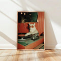 Retro turntable canvas print with vinyl record and cat paw