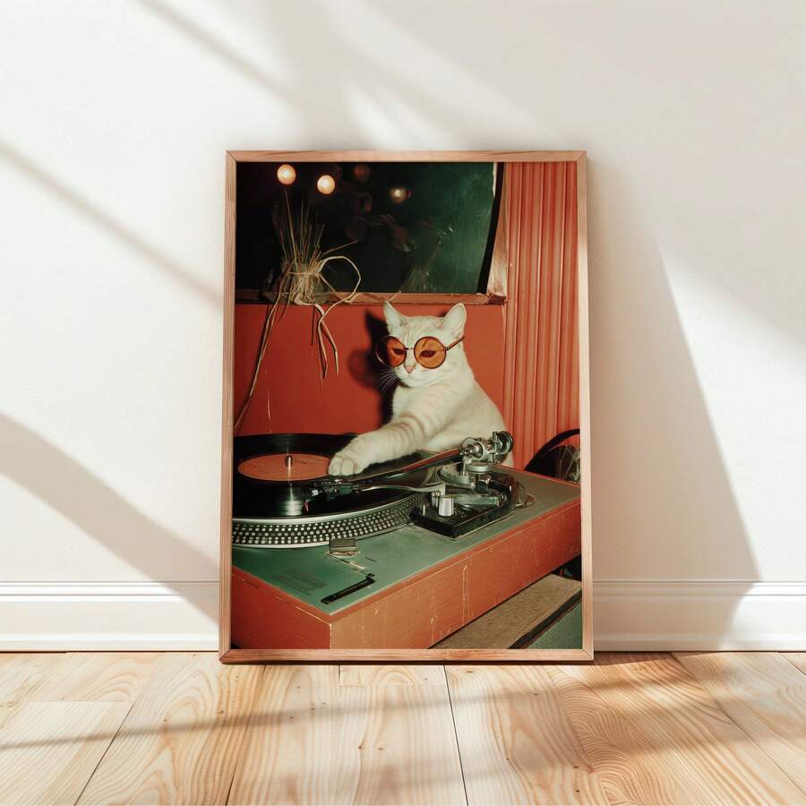 Retro turntable canvas print with vinyl record and cat paw