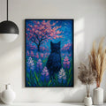 Vibrant blue and pink abstract animal poster in a black frame