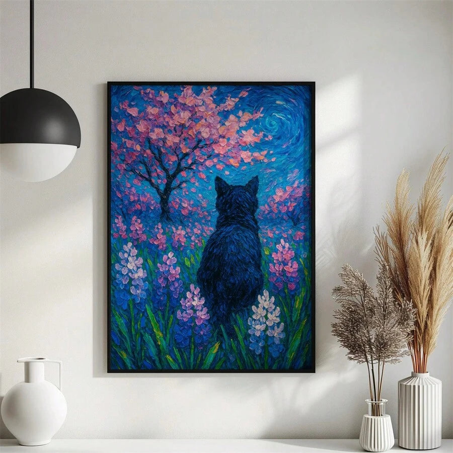 Vibrant blue and pink abstract animal poster in a black frame