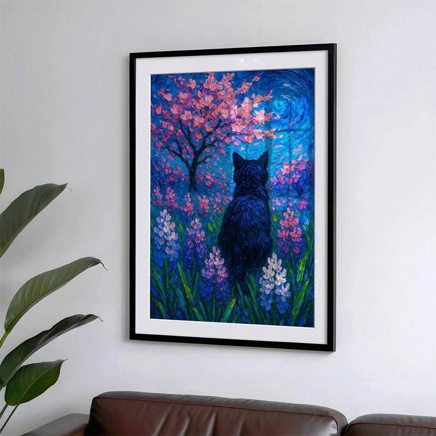 Framed starry night animal artwork with blue meadow and blossoms