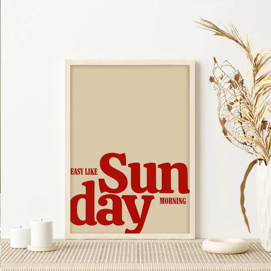 Retro Sunday morning typography canvas poster in a light wood frame