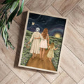 Framed three generation family art with moonlit country path on wood floor