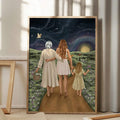 Hand-drawn family canvas poster framed beside soft curtains and books